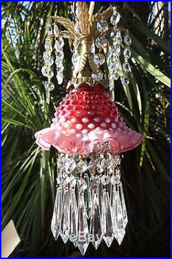 Old Vintage Fenton cranberry Jelly Fish Glass hanging brass TOLE Lamp cap