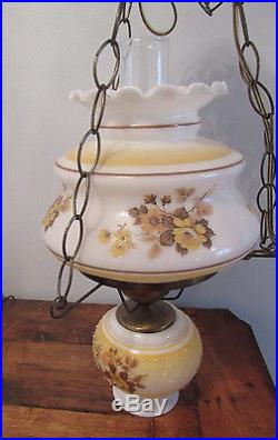 Old Vintage Hand Painted Milk Glass Hanging Hurricane light fixture lamp Flowers