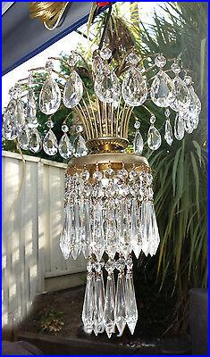 Old Vintage Hollywood Regency waterfall Tole brass SWAG lamp crystal chandelier