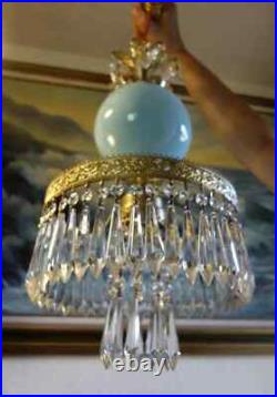 Old Vintage Swag Aqua Blue Art Glass Tole Brass Hanging Lamp Chandelier Crystal