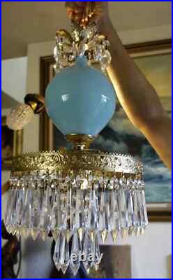 Old Vintage Swag Aqua Blue Art Glass Tole Brass Hanging Lamp Chandelier Crystal