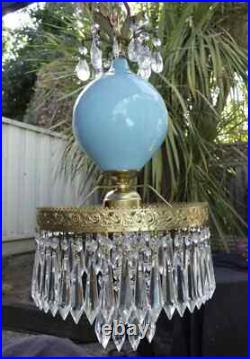 Old Vintage Swag Aqua Blue Art Glass Tole Brass Hanging Lamp Chandelier Crystal