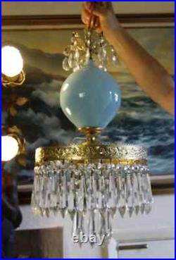 Old Vintage Swag Aqua Blue Art Glass Tole Brass Hanging Lamp Chandelier Crystal