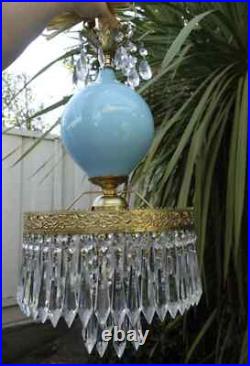 Old Vintage Swag Aqua Blue Art Glass Tole Brass Hanging Lamp Chandelier Crystal