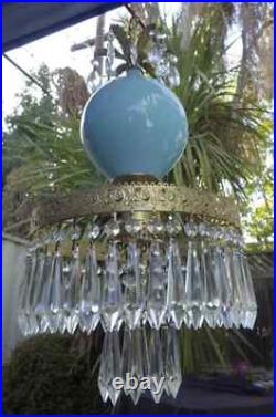 Old Vintage Swag Aqua Blue Art Glass Tole Brass Hanging Lamp Chandelier Crystal