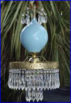 Old Vintage Swag Aqua Blue Art Glass Tole Brass Hanging Lamp Chandelier Crystal