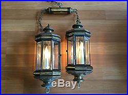 Old Vtg Brass Plate Hanging Beveled Glass Faux Candle Electric Light Lamp Pair