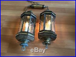 Old Vtg Brass Plate Hanging Beveled Glass Faux Candle Electric Light Lamp Pair