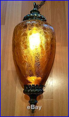 Old Vtg Crinkle Crackle Amber Glass MID Century Hanging Ceiling Light Swag Lamp