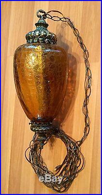 Old Vtg Crinkle Crackle Amber Glass MID Century Hanging Ceiling Light Swag Lamp