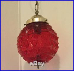 Old Vtg Retro Swag Hanging Red Light Glass Lamp Globe Ceiling Fixture Chain