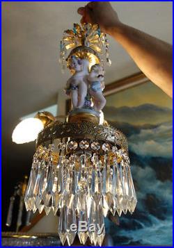 Old vintage Bisque Porcelain Cherub grape Brass chandelier Swag hanging lamp