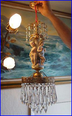 Old vintage Bisque Porcelain Cherub grape Brass chandelier Swag hanging lamp