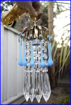 Opaline Vintage Blue Macaroni Crystal tole Brass hanging SWAG lamp chandelier