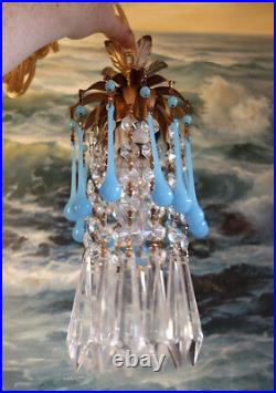 Opaline Vintage Blue Macaroni Crystal tole Brass hanging SWAG lamp chandelier