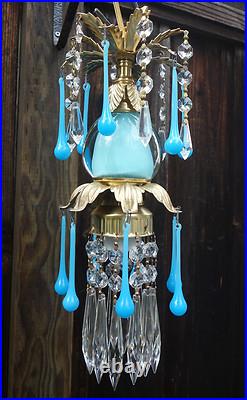 Opaline prism Vintage Blue Turquoise tole Brass hanging lamp chandelier crystal