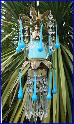 Opaline prism Vintage Blue Turquoise tole Brass hanging lamp chandelier crystal