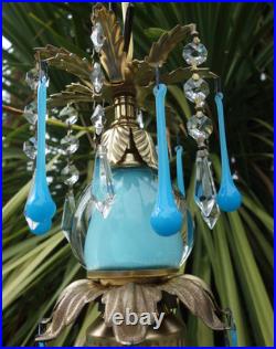 Opaline prism Vintage Blue Turquoise tole Brass hanging lamp chandelier crystal