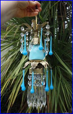 Opaline prism Vintage Blue Turquoise tole Brass hanging lamp chandelier crystal