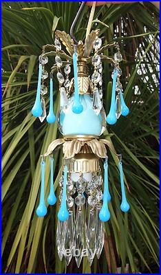 Opaline prism Vintage Blue Turquoise tole Brass hanging lamp chandelier crystal