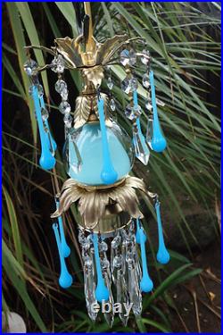 Opaline prism Vintage Blue Turquoise tole Brass hanging lamp chandelier crystal