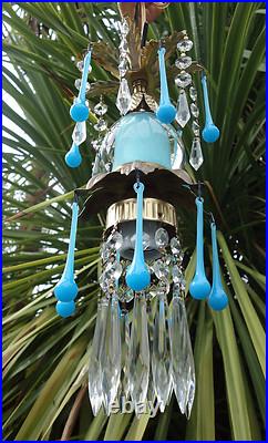 Opaline prism Vintage Blue Turquoise tole Brass hanging lamp chandelier crystal