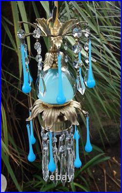 Opaline prism Vintage Blue Turquoise tole Brass hanging lamp chandelier crystal