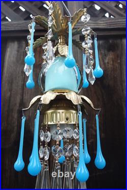 Opaline prism Vintage Blue Turquoise tole Brass hanging lamp chandelier crystal
