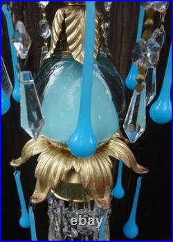 Opaline prism Vintage Blue Turquoise tole Brass hanging lamp chandelier crystal