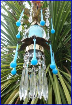 Opaline prism Vintage Blue Turquoise tole Brass hanging lamp chandelier crystal