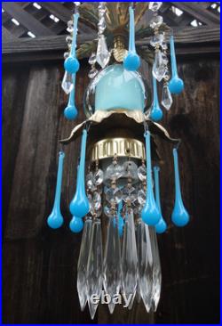 Opaline prism Vintage Blue Turquoise tole Brass hanging lamp chandelier crystal