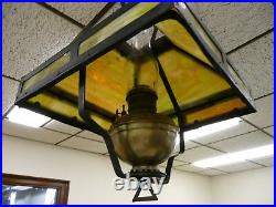 Original Antique Slag Stained Glass Mission Style Hanging Kerosene Lamp