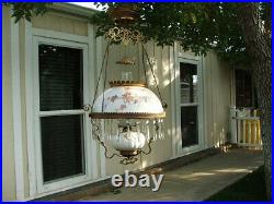 Original Victorian Hanging Parlor Lamp, Library, Oil, GWTW, Antique, Prisms