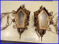 PAIR (2) Vtg MCM gothic Hollywood Regency hanging swags light fixtures pendants