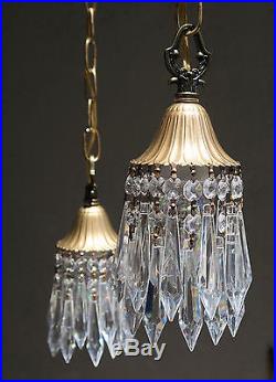 PAIR 3lite Vintage hanging Swag lamp chandelier tole brass Deco Ins Lily crystal