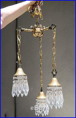 PAIR 3lite Vintage hanging Swag lamp chandelier tole brass Deco Ins Lily crystal