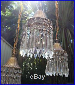 PAIR 3lite Vintage hanging Swag lamp chandelier tole brass Deco stl Lily crystal