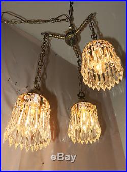 PAIR 3lite Vintage hanging Swag lamp chandelier tole brass Deco stl Lily crystal