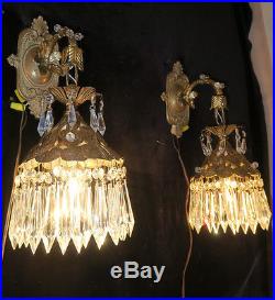 PAIR Sconce Brass Spelter POND Lily vintage lamp hanging Beaded lantern filigree