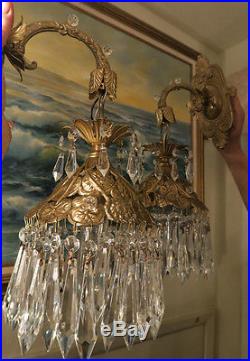 PAIR Sconce Brass Spelter POND Lily vintage lamp hanging Beaded lantern filigree