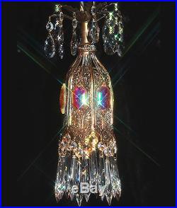 PAIR jeweled Tulip filigree SWAG hanging lamp chandelier Vintage brass Spelter