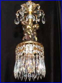 PAIR of crystal SWAG Cherub hanging Lamp Chandelier brass plated Vintage spelter