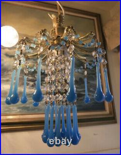 PALM SWAG Lamp Brass chandelier Vintage Opaline Blue glass beaded crystal prisms