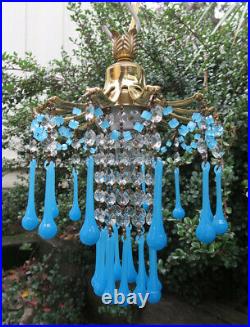 PALM SWAG Lamp Brass chandelier Vintage Opaline Blue glass beaded crystal prisms