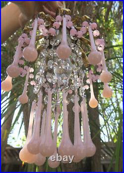 PALM SWAG Lamp Brass chandelier Vintage Opaline Pink glass crystal prisms beaded