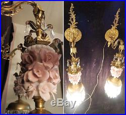 PR Sconce lamp Brass bronze Pink Rose vintage Porcelain hanging Beaded lavender