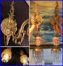 PR Sconce lamp Brass bronze Pink Rose vintage Porcelain hanging Beaded lavender