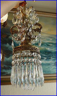 Pair 15 tall Vintage baroque hanging Spelter brass plt Lamp Crystal Chandelier