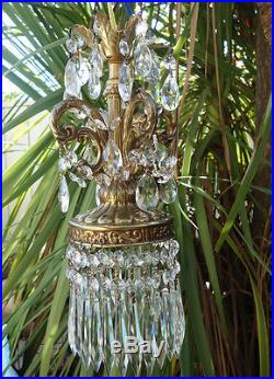 Pair 15 tall Vintage baroque hanging Spelter brass plt Lamp Crystal Chandelier