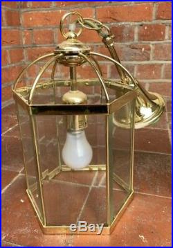 Pair 2 Vintage Georgian Gold Brass Ceiling Lantern Lights Glass Hanging Lamps